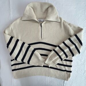 Hollister Cream and Navy Striped Zip-Collar Oversized Sweater